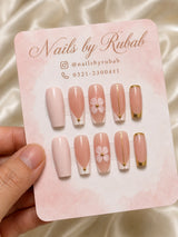 🌸 Blush Flower French Nails | Soft Pink Floral Press-On Nails with Gold Bead
