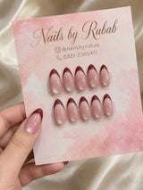 🍒 Burgundy French Cat-Eye Nails | Deep Red French Tip & Milky Pink Press-On Nails