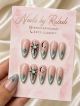 🌙 Celestial Sage French Nails | Pink & Sage Ombre + Dark Sun Charm Press-On Nails