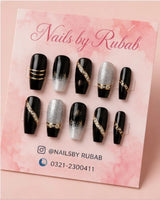 Midnight Snowflake Glam Nails