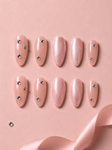 🌷 Pink Cat-Eye Rhinestone Nails | Blush Pink Shimmer & Crystal Press-On Nails