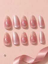 💕 Rose Gold Glam Nails | Sheer Pink Glitter & Crystal Rhinestone Press-On Nails
