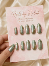 💚 Sage Green Cat-Eye Nails | Magnetic Green & Gold Baroque Press-On Nails