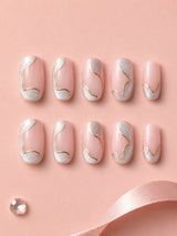✨ Silver Gold Abstract French Nails — nude-pink base + silver chrome & gold curves