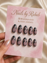 🦋 Black Butterfly Lace Nails | Black & Pink Glitter Butterfly Press-On Nails