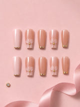 🌸 Blush Flower French Nails | Soft Pink Floral Press-On Nails with Gold Bead