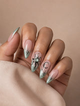 🌙 Celestial Sage French Nails | Pink & Sage Ombre + Dark Sun Charm Press-On Nails