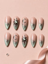 🌙 Celestial Sage French Nails | Pink & Sage Ombre + Dark Sun Charm Press-On Nails