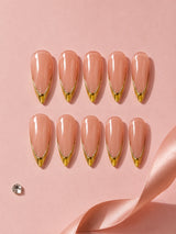 ✨ Gold Outline French Almond Nails | Nude Pink & Gold Chrome Press-On Nails