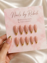 ✨ Gold Outline French Almond Nails | Nude Pink & Gold Chrome Press-On Nails