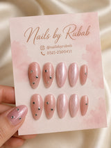 🌷 Pink Cat-Eye Rhinestone Nails | Blush Pink Shimmer & Crystal Press-On Nails