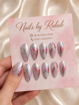 💗 Pink & Silver Abstract Chrome Nails | Glitter Pink & Silver Press-On Nails