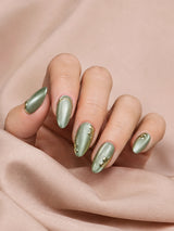 💚 Sage Green Cat-Eye Nails | Magnetic Green & Gold Baroque Press-On Nails