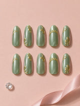 💚 Sage Green Cat-Eye Nails | Magnetic Green & Gold Baroque Press-On Nails