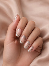 ✨ Silver Gold Abstract French Nails — nude-pink base + silver chrome & gold curves