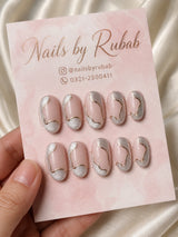 ✨ Silver Gold Abstract French Nails — nude-pink base + silver chrome & gold curves